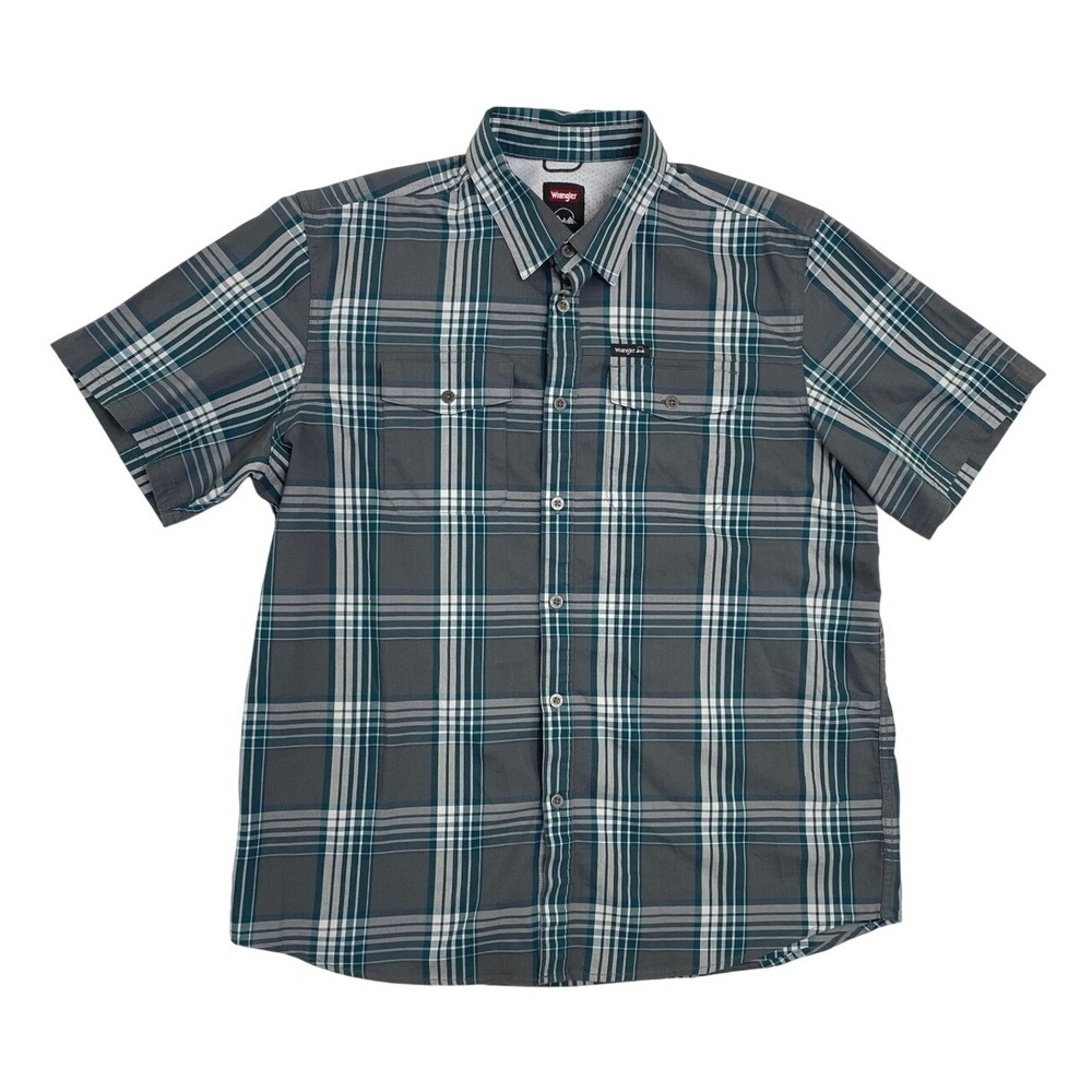 Wrangler Outdoor Mens XL Plaid Short Sleeve Button Down Shirt Grey Teal Vented